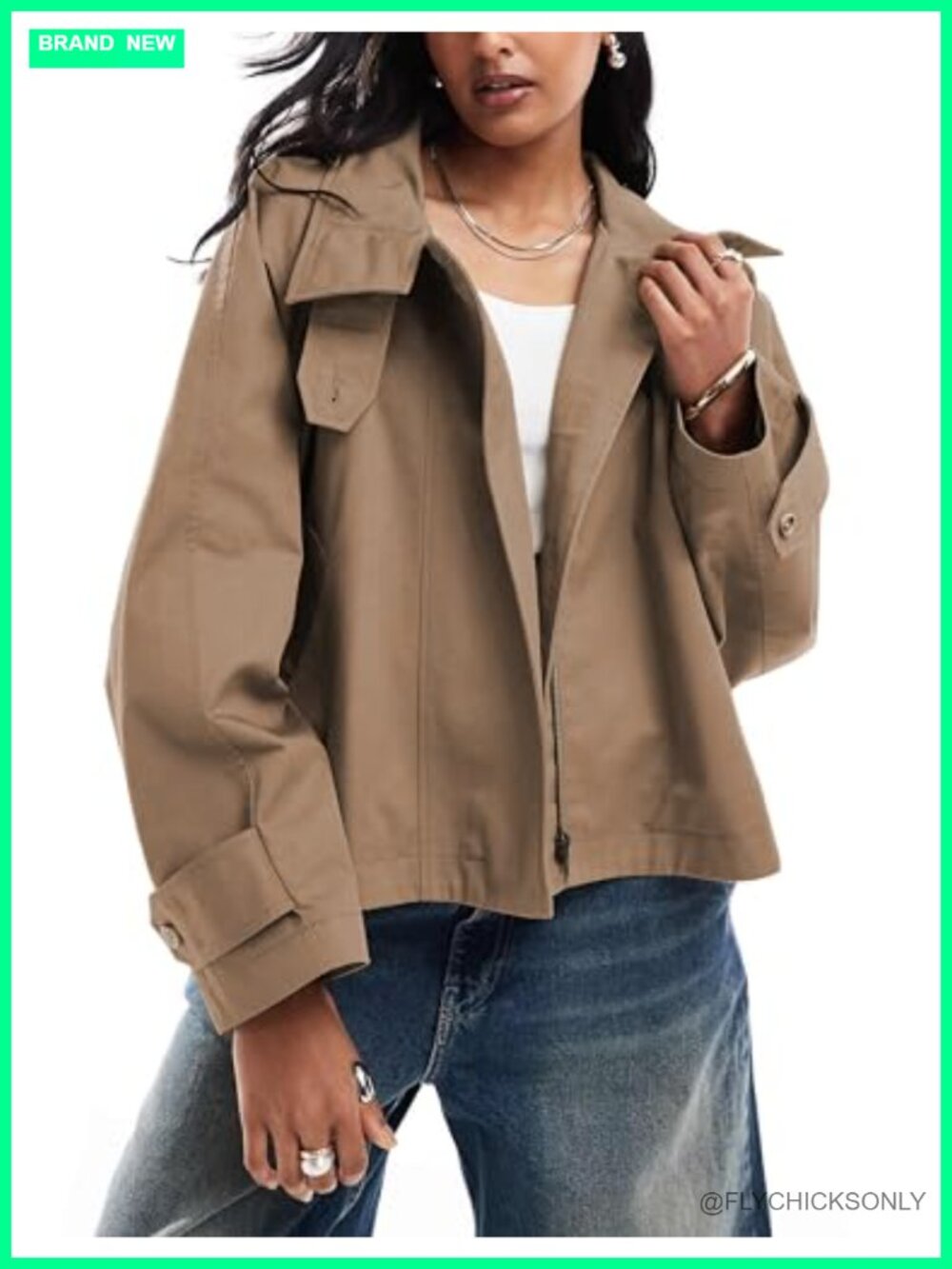 Women's Cropped Trench Coat Zip Up Short Jacket with Back Cape Pockets